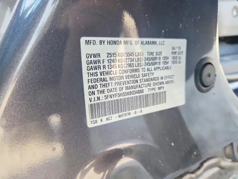 2019 HONDA PILOT EXL  