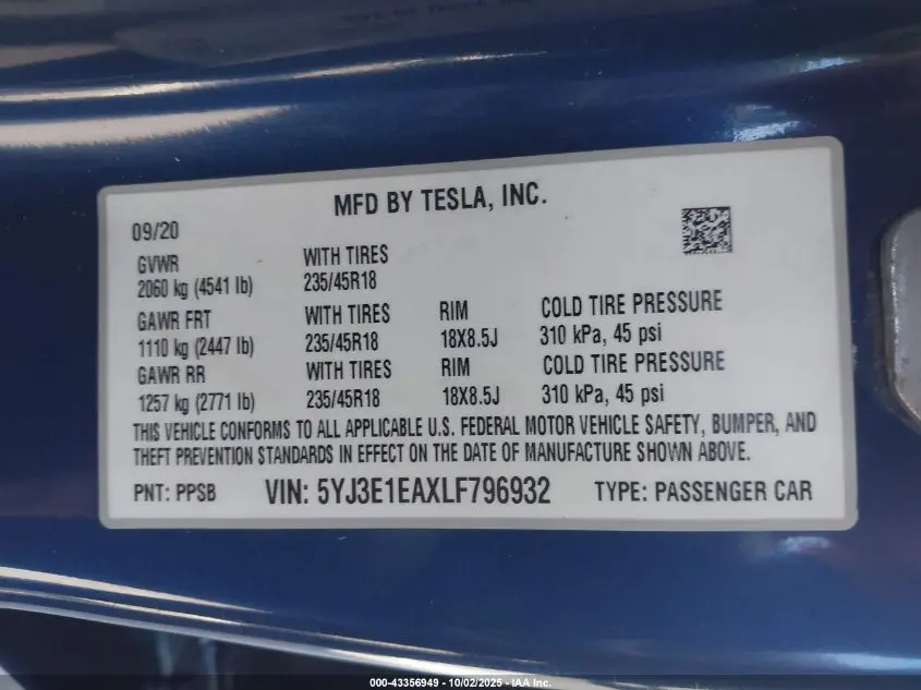 2020 TESLA MODEL 3 STANDARD RANGE PLUS REAR-WHEEL DRIVE/STANDARD RANGE REAR-WHEEL DRIVE