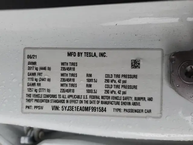 2021 TESLA MODEL 3   