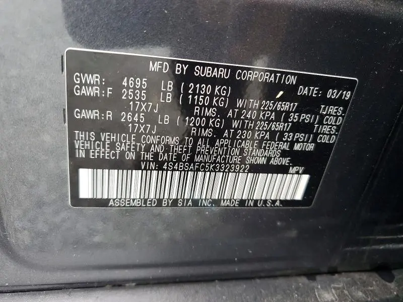 2019 SUBARU OUTBACK 2.5I PREMIUM  