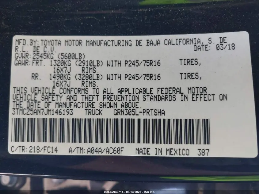 2018 TOYOTA TACOMA SR5 V6