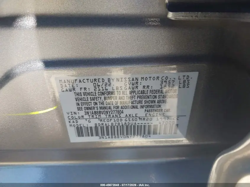 2022 NISSAN SENTRA S XTRONIC CVT