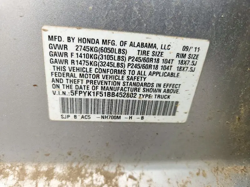 2011 HONDA RIDGELINE RTL  
