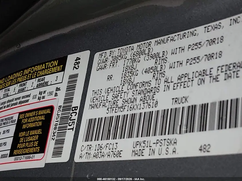 2019 TOYOTA TUNDRA SR5 4.6L V8