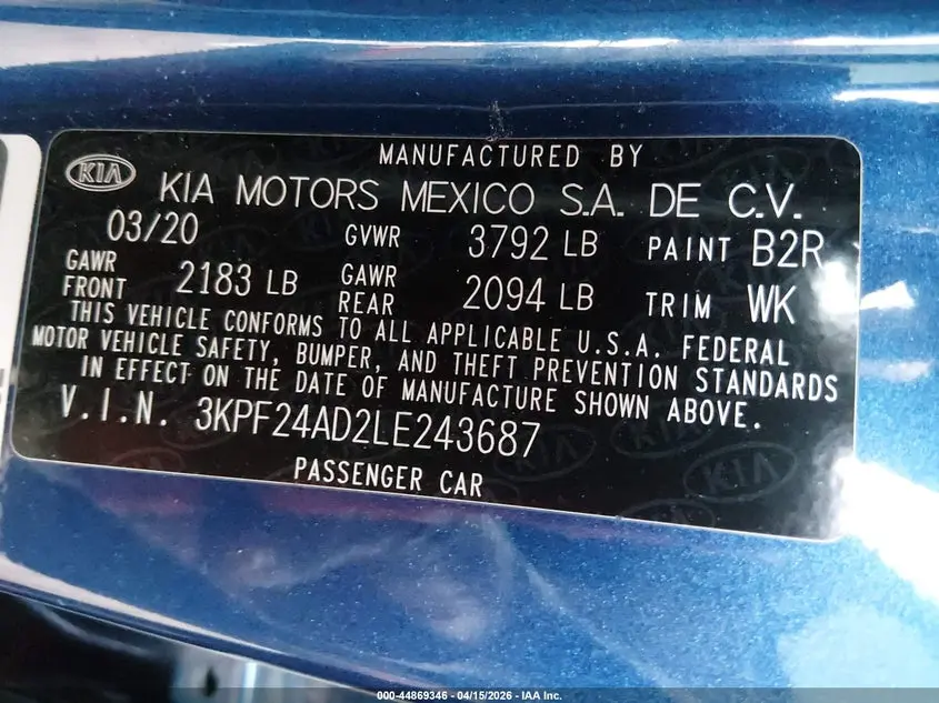 2020 KIA FORTE LXS