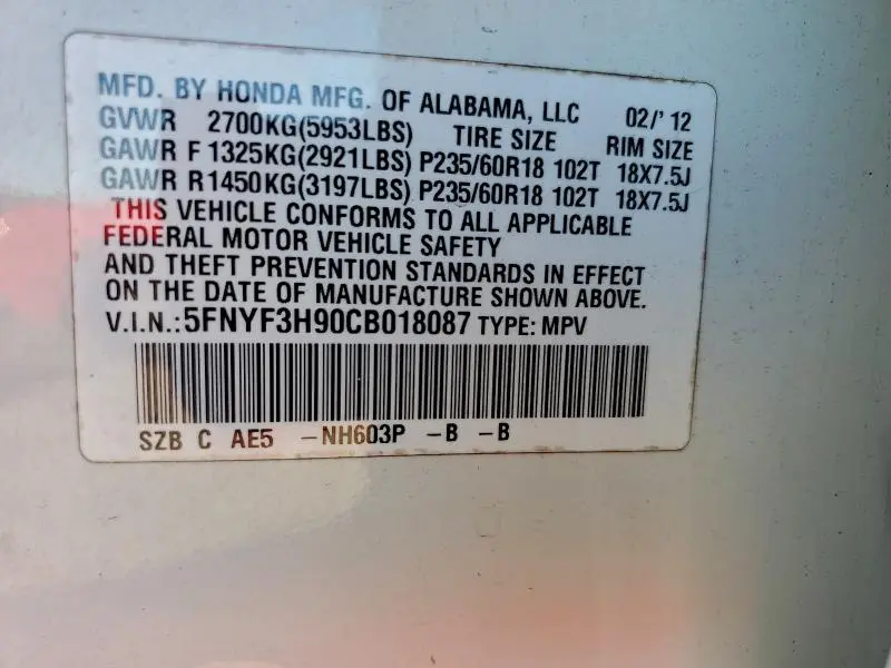 2012 HONDA PILOT TOURING  