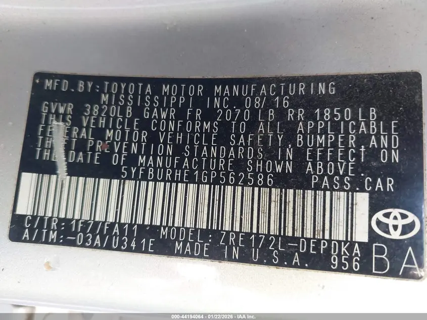 2016 TOYOTA COROLLA L