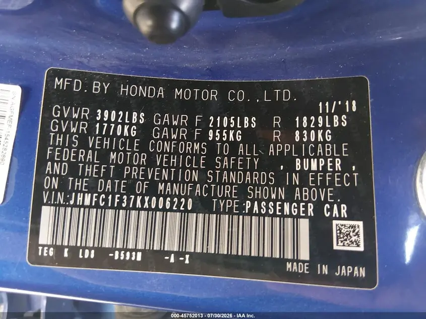 2019 HONDA CIVIC EX