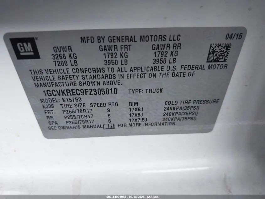 2015 CHEVROLET SILVERADO 1500 1LT