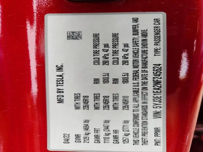 2022 TESLA MODEL 3   