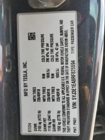 2024 TESLA MODEL 3   