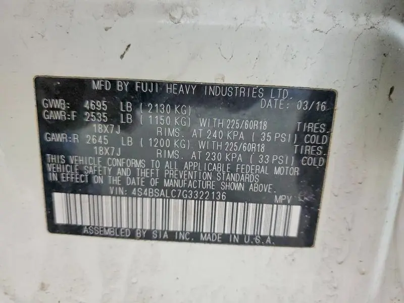 2016 SUBARU OUTBACK 2.5I LIMITED  