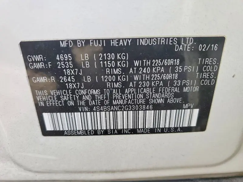 2016 SUBARU OUTBACK 2.5I LIMITED  