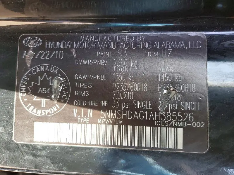 2010 HYUNDAI SANTA FE SE  