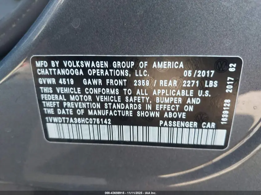 2017 VOLKSWAGEN PASSAT 1.8T R-LINE