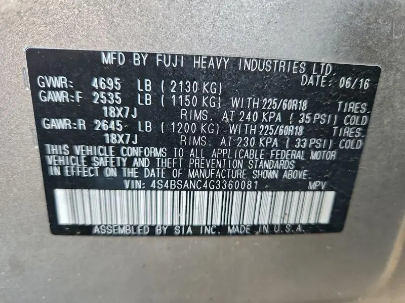 2016 SUBARU OUTBACK 2.5I LIMITED  