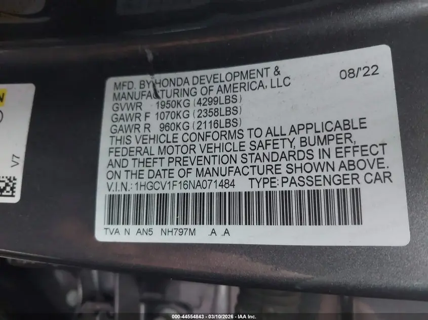 2022 HONDA ACCORD LX