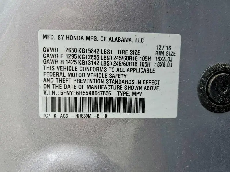 2019 HONDA PILOT EXL  