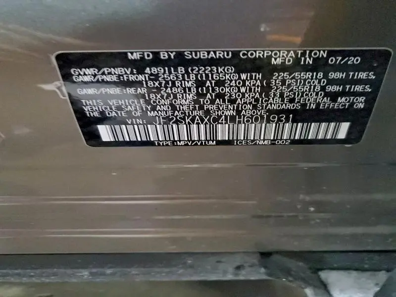 2020 SUBARU FORESTER TOURING  