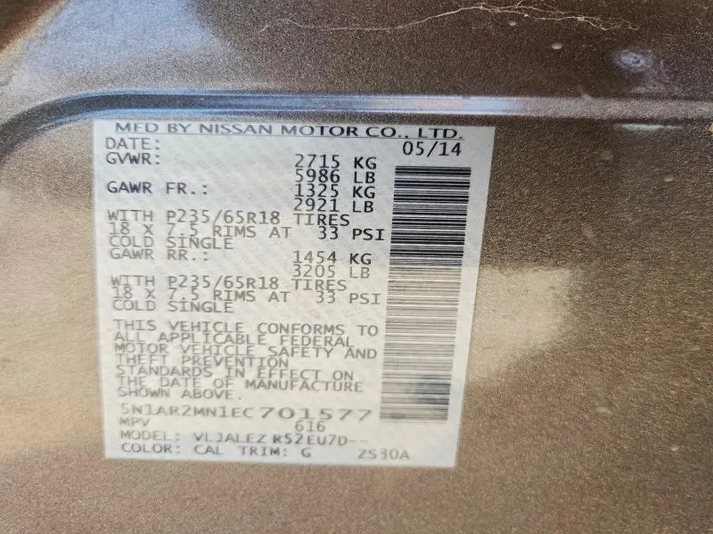 2014 NISSAN PATHFINDER SV  