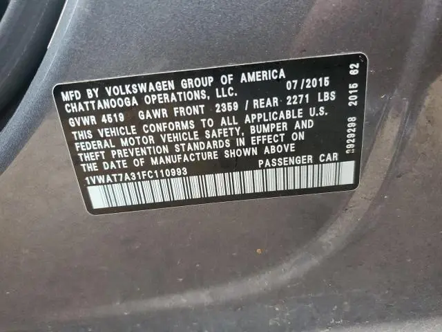 2015 VOLKSWAGEN PASSAT S