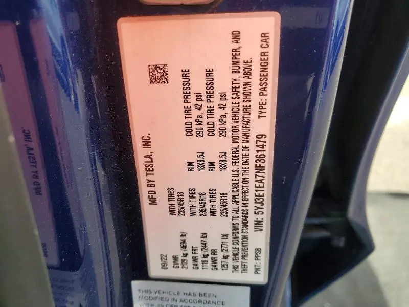 2022 TESLA MODEL 3   