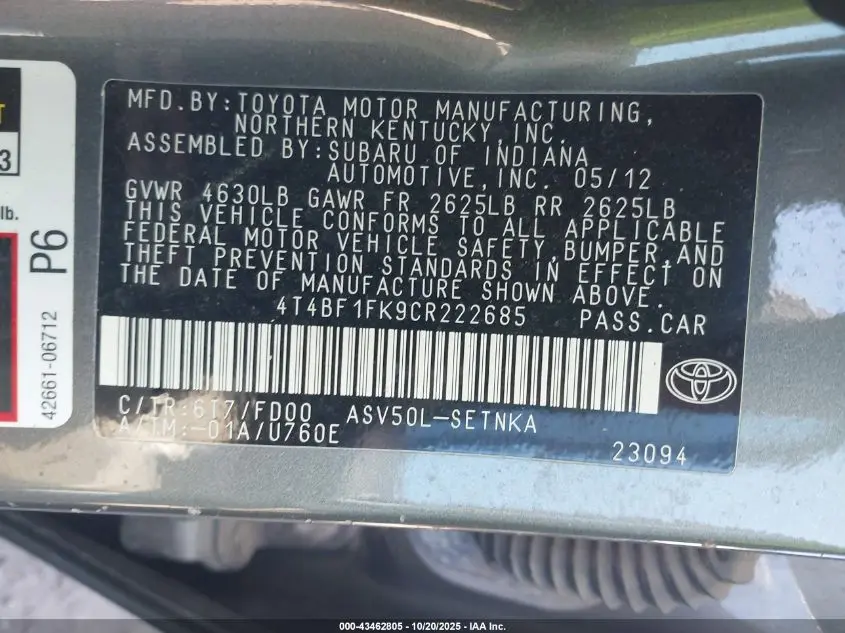 2012 TOYOTA CAMRY LE