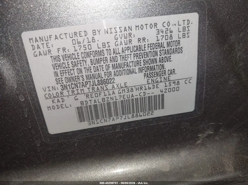 2018 NISSAN VERSA 1.6 SV