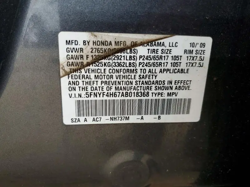 2010 HONDA PILOT EXL  