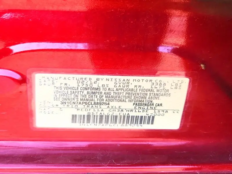 2012 NISSAN VERSA 1.6 S  
