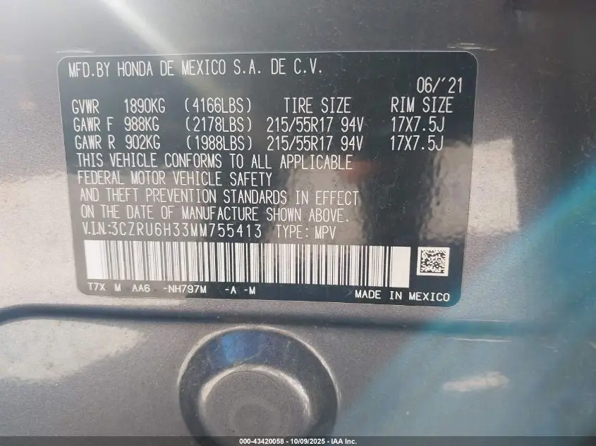 2021 HONDA HR-V AWD LX