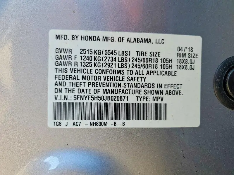 2018 HONDA PILOT EXL  