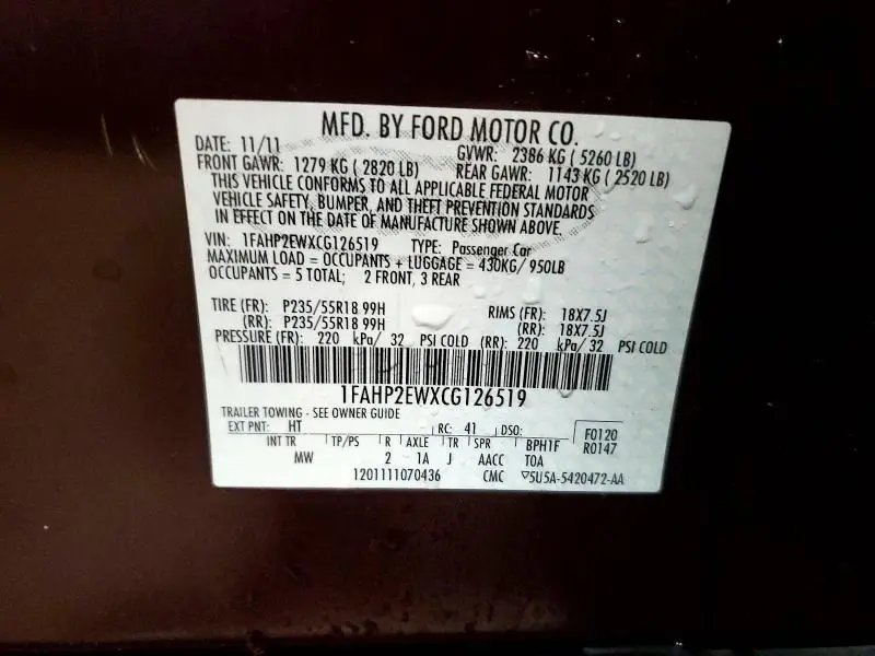 2012 FORD TAURUS SEL  