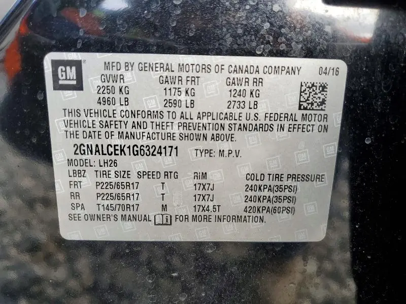 2016 CHEVROLET EQUINOX LT  