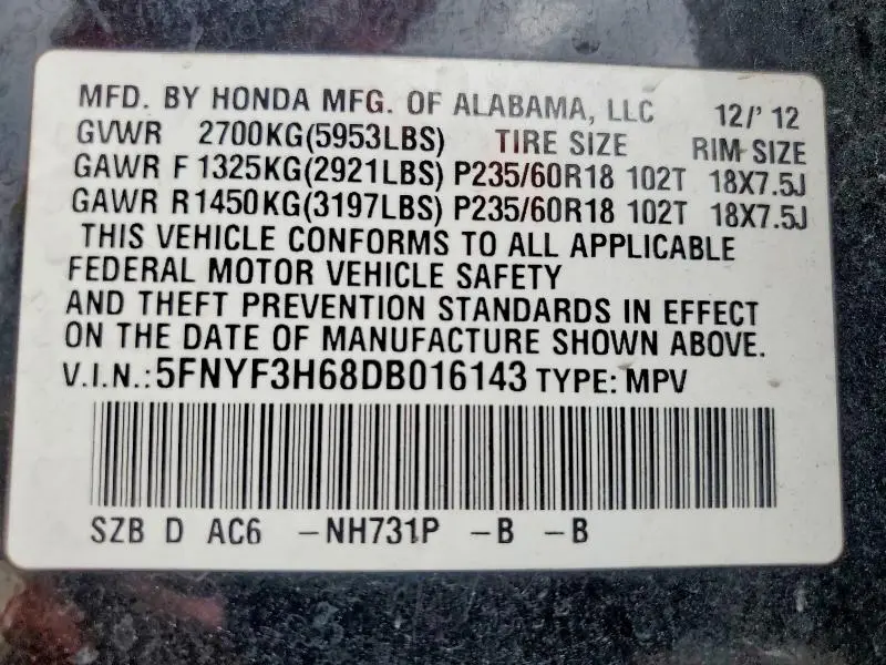 2013 HONDA PILOT EXL  
