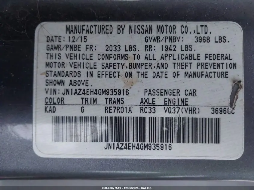 2016 NISSAN 370Z TOURING