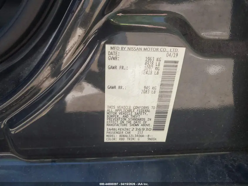 2019 NISSAN ALTIMA 2.5 SL
