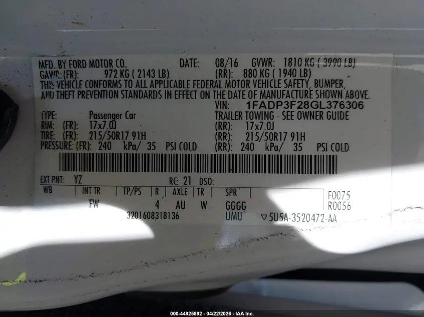 2016 FORD FOCUS SE