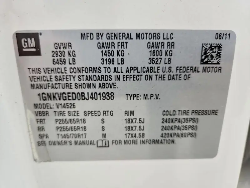 2011 CHEVROLET TRAVERSE LT  