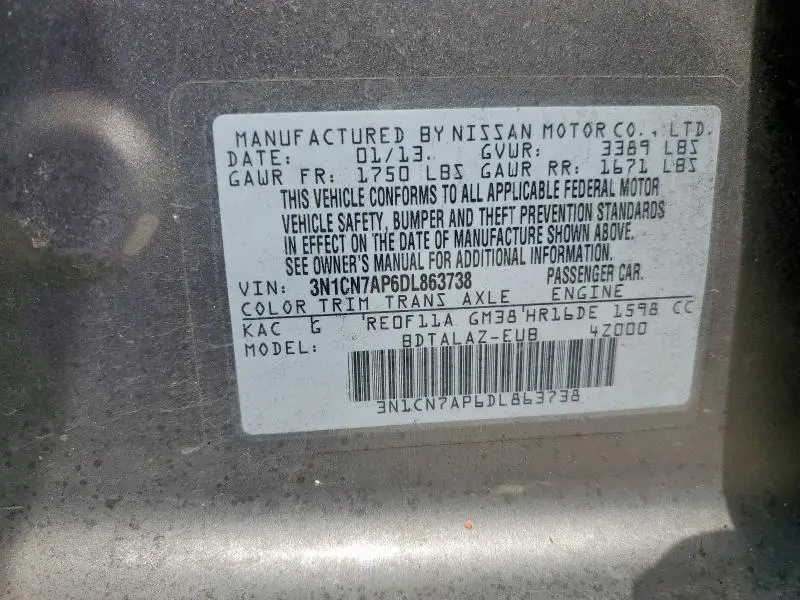 2013 NISSAN VERSA S  