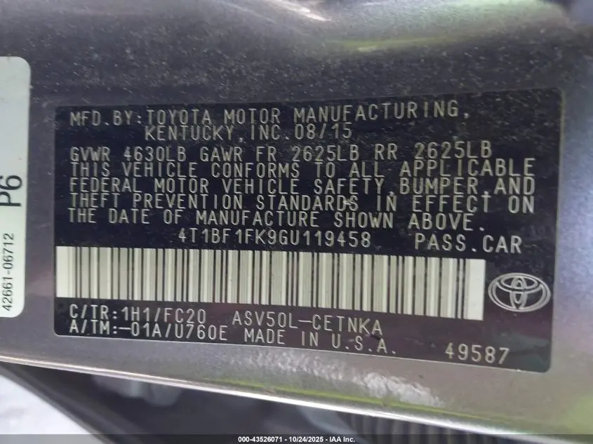 2016 TOYOTA CAMRY LE