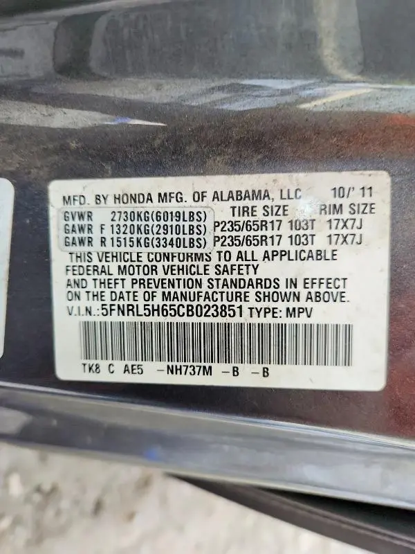 2012 HONDA ODYSSEY EXL  