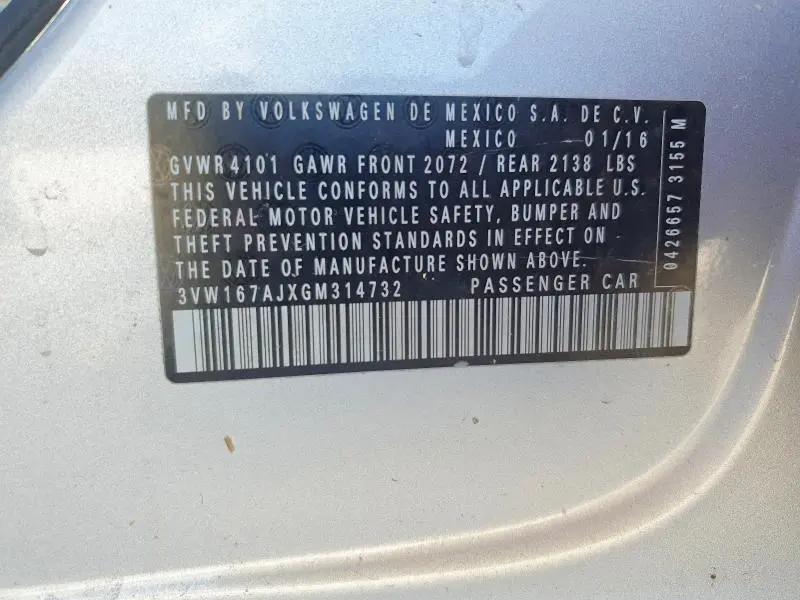 2016 VOLKSWAGEN JETTA S  