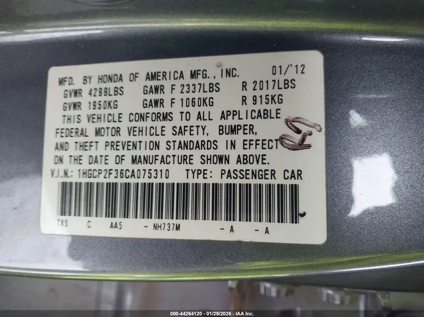 2012 HONDA ACCORD 2.4 LX