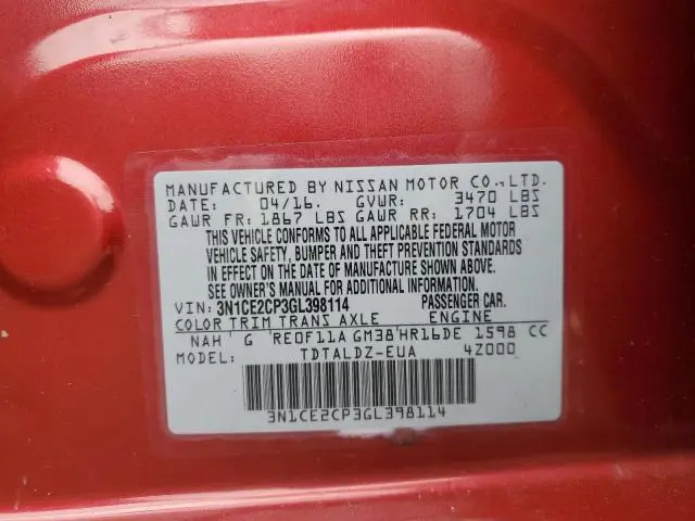 2016 NISSAN VERSA NOTE S  