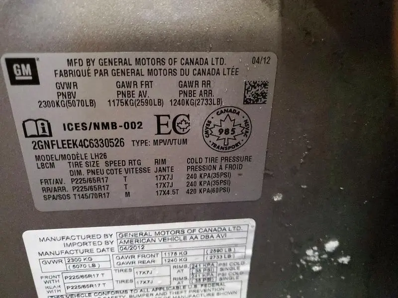 2012 CHEVROLET EQUINOX LT  