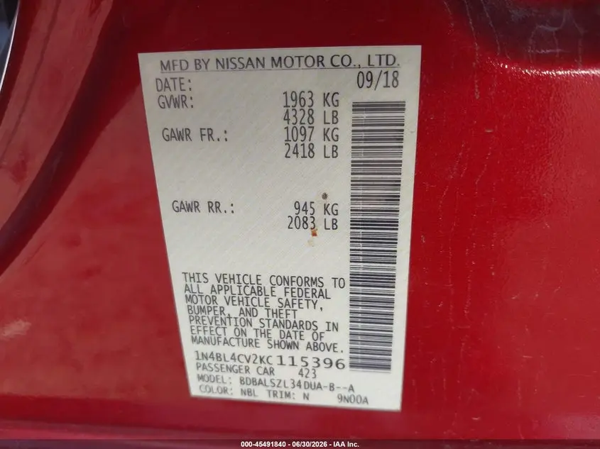 2019 NISSAN ALTIMA 2.5 SR