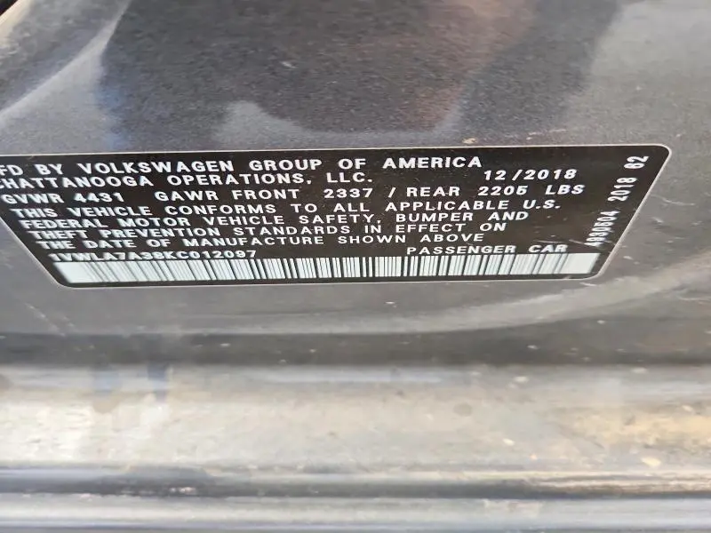 2019 VOLKSWAGEN PASSAT WOLFSBURG  