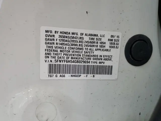 2016 HONDA PILOT EXL  
