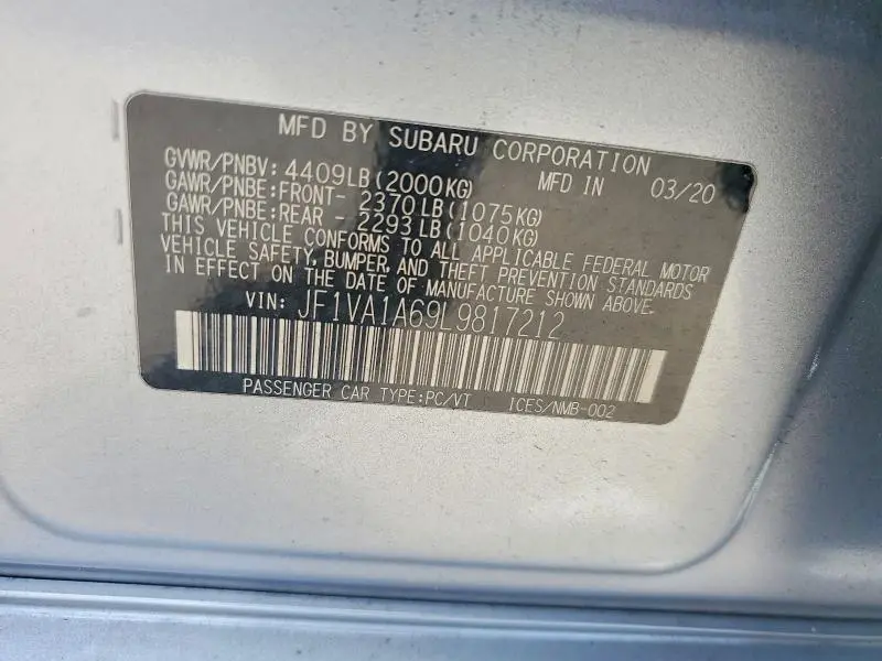 2020 SUBARU WRX   